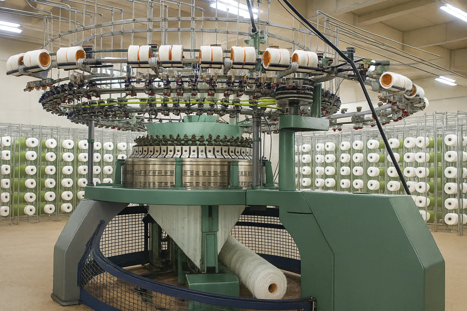 Traditional knitting manufacturing facility with modern knitting machinery